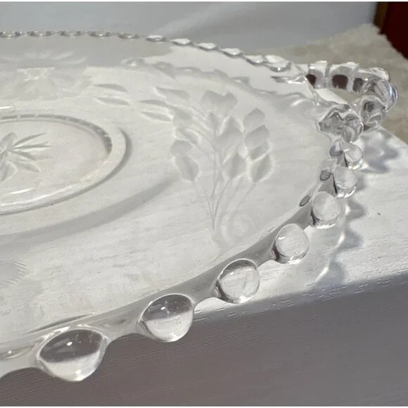 Hughes Cornflower Handled Plate Candlewick Border Etched Glass Serving Tray Vtg - Picture 2 of 7